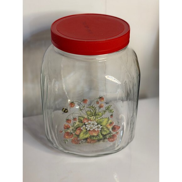 VTG 9" Large Glass Canister Jar Red Lid Strawberry Bee Decal Retro Kitchen Decor - Picture 3 of 6